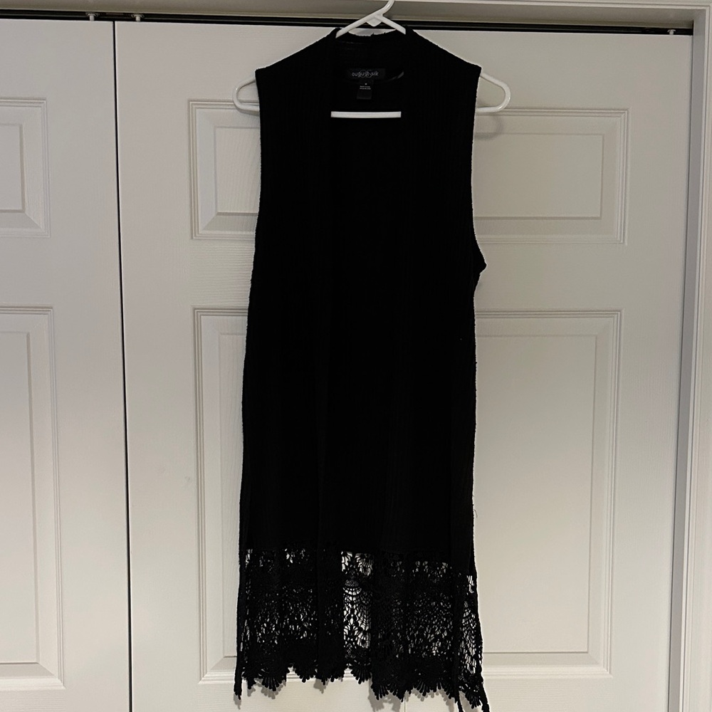 August Silk Black Sleeveless Cardigan with Lace Hem